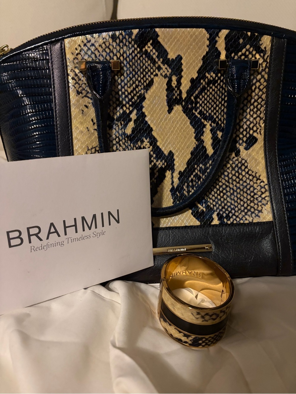 Brahmin Duxbury Satchel with matching wallet and bracelet.